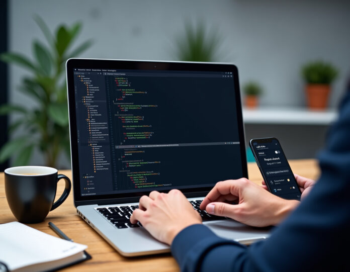 Um espaço de trabalho moderno de desenvolvedor mostrando um laptop com uma interface de terminal exibindo comandos do Google Jules Tools, com trechos de código visíveis na tela. A cena inclui uma xícara de café, um caderno e um smartphone mostrando a interface móvel do Jules. As mãos do desenvolvedor estão digitando no teclado, com um fundo de espaço de trabalho tecnológico limpo e profissional apresentando elementos sutis de branding do Google. A imagem deve transmitir produtividade, inovação e integração perfeita de ferramentas de IA em fluxos de trabalho de desenvolvimento de software.