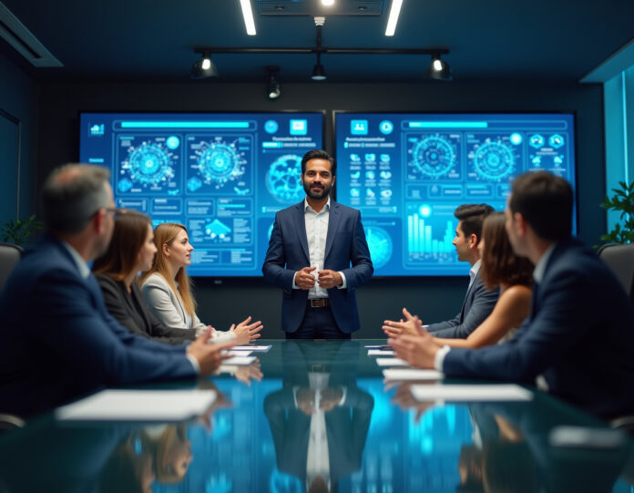 Uma cena dinâmica de sala de reuniões corporativa apresentando Rahul Patil, um homem do sul da Ásia em traje empresarial, posicionado confiantemente na cabeceira de uma mesa de conferência moderna de vidro. Ele está apresentando para um grupo diversificado de executivos, com telas digitais ao fundo exibindo redes neurais de IA e diagramas de infraestrutura. A atmosfera é profissional e voltada para o futuro, com iluminação suave destacando a figura central. A composição enfatiza a transição de liderança em tecnologia de inteligência artificial, com elementos visuais sutis representando infraestrutura em nuvem e processos de treinamento de modelos de IA.