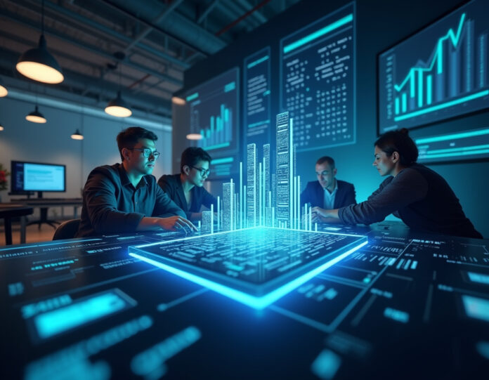 Um espaço de trabalho digital futurista mostrando uma interface brilhante de assistente de programação por IA com código fluindo como correntes de luz, representando a tecnologia de agentes de IA da Replit. No fundo, profissionais não-técnicos diversos de diferentes indústrias estão usando a plataforma com sucesso, com visualizações de dados mostrando gráficos de crescimento exponencial. A cena deve transmitir inovação, acessibilidade e avanço tecnológico, com foco central na interface de IA que preenche a lacuna entre usuários técnicos e não-técnicos.